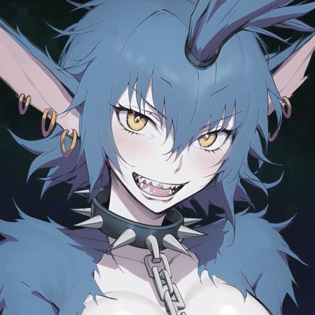 00526-2081164256-best quality 1girl HWolfie, spiked collar, earrings, chain, topless, open mouth smile _D, sharp teeth, lips, looking at viewer.png